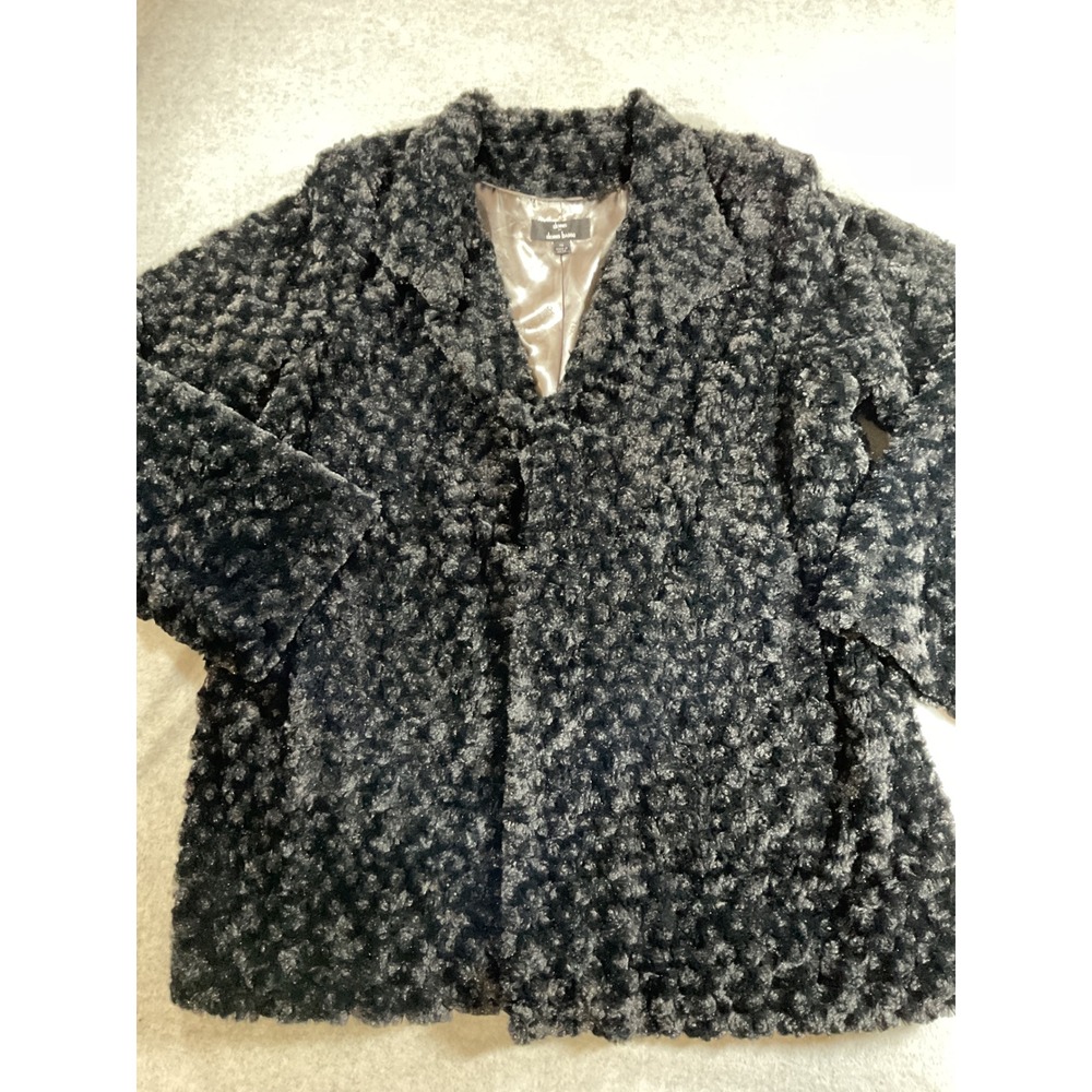 Dennis Basso Black Faux Fur Textured Coat Jacket Plus Size 1X Notched Lapel J95